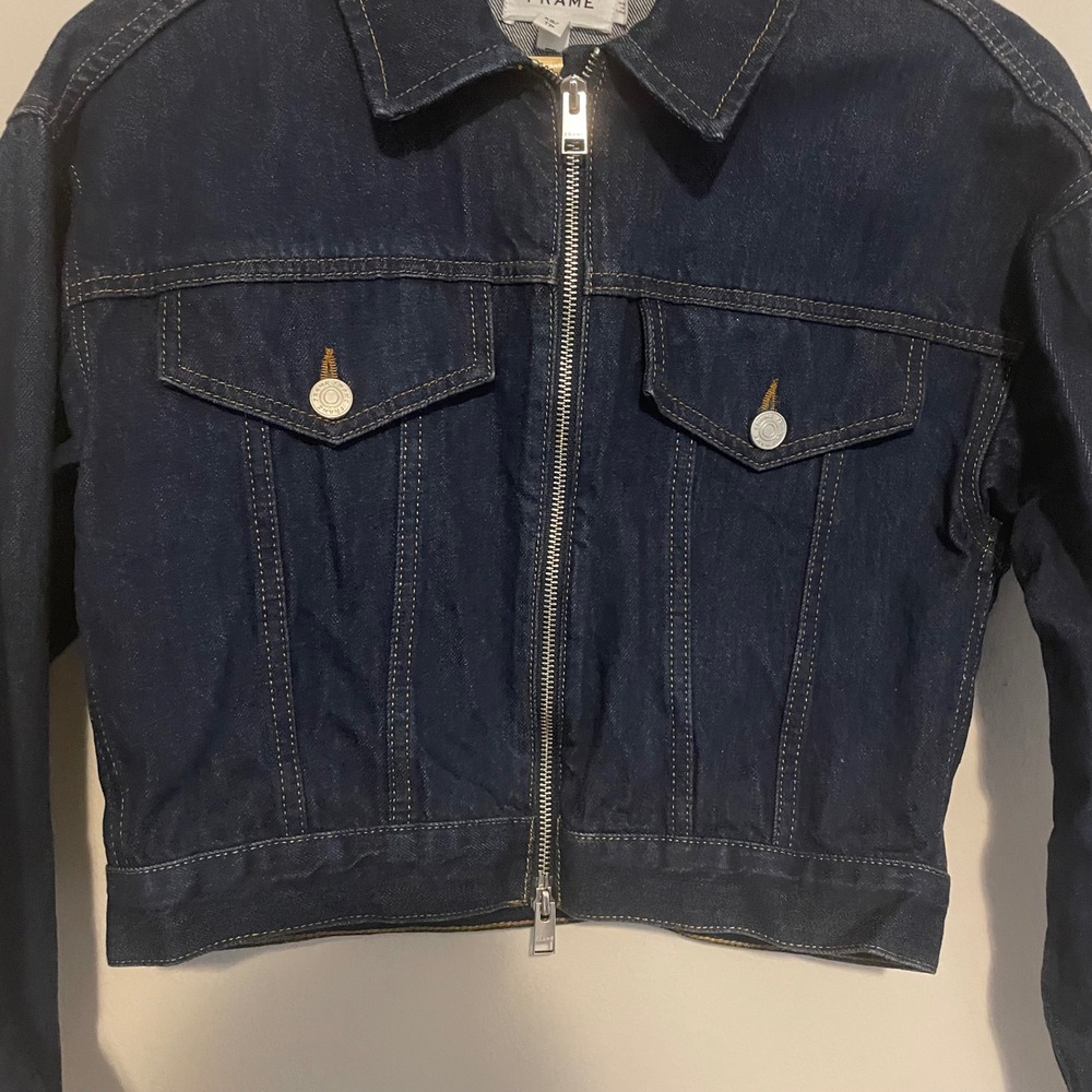 Frame Denim Jean jacket cropped full‎ zip XS dark wash classic casual cotton - Picture 4 of 7